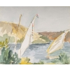 Dessin à l’aquarelle sur papier de Evelyne Luez représentant une paysage d’Egypte avec des voiliers, 1960-80. | Biron ||||||