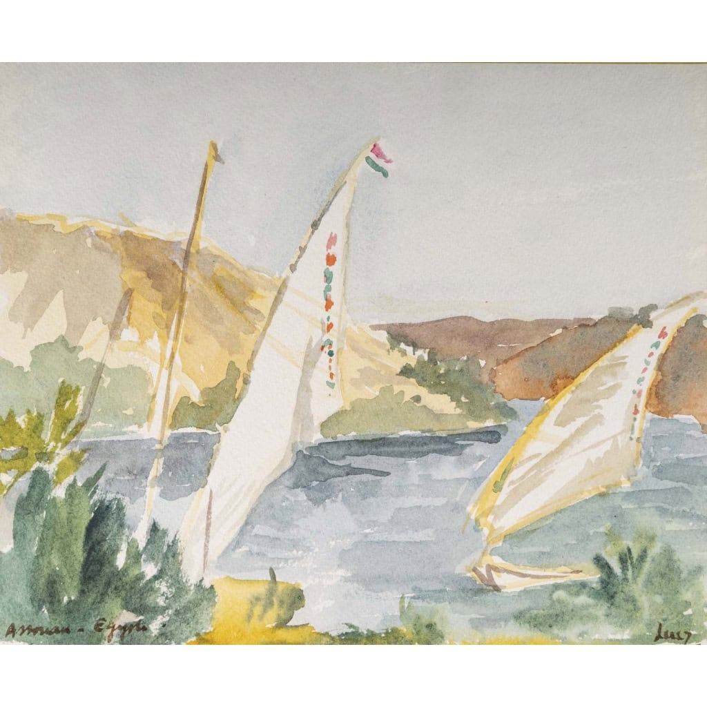 Dessin à l’aquarelle sur papier de Evelyne Luez représentant une paysage d’Egypte avec des voiliers, 1960-80. | Biron ||||||