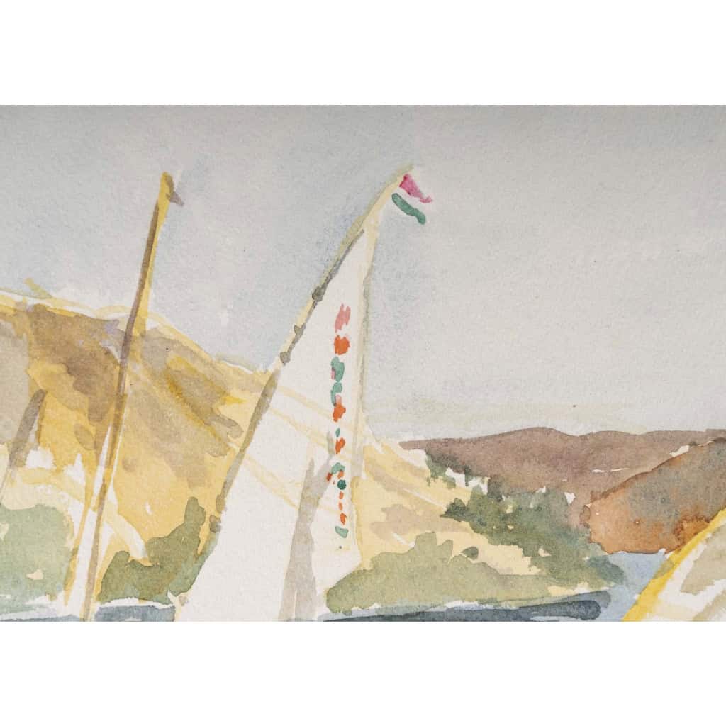 Dessin à l’aquarelle sur papier de Evelyne Luez représentant une paysage d’Egypte avec des voiliers, 1960-80. | Biron Dessin à l’aquarelle sur papier de Evelyne Luez représentant une paysage d’Egypte avec des voiliers, 1960-80.