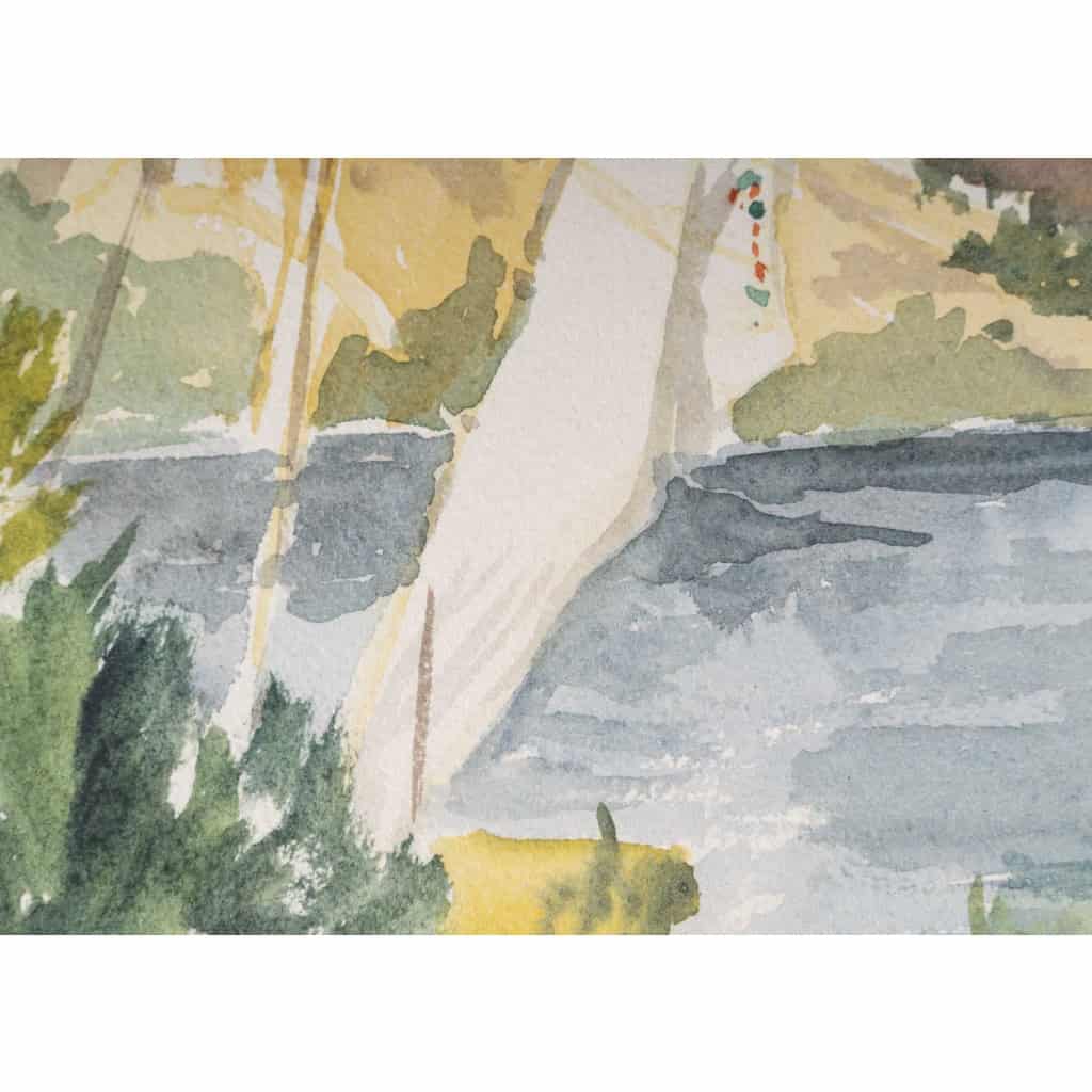 Dessin à l’aquarelle sur papier de Evelyne Luez représentant une paysage d’Egypte avec des voiliers, 1960-80. | Biron Dessin à l’aquarelle sur papier de Evelyne Luez représentant une paysage d’Egypte avec des voiliers, 1960-80.