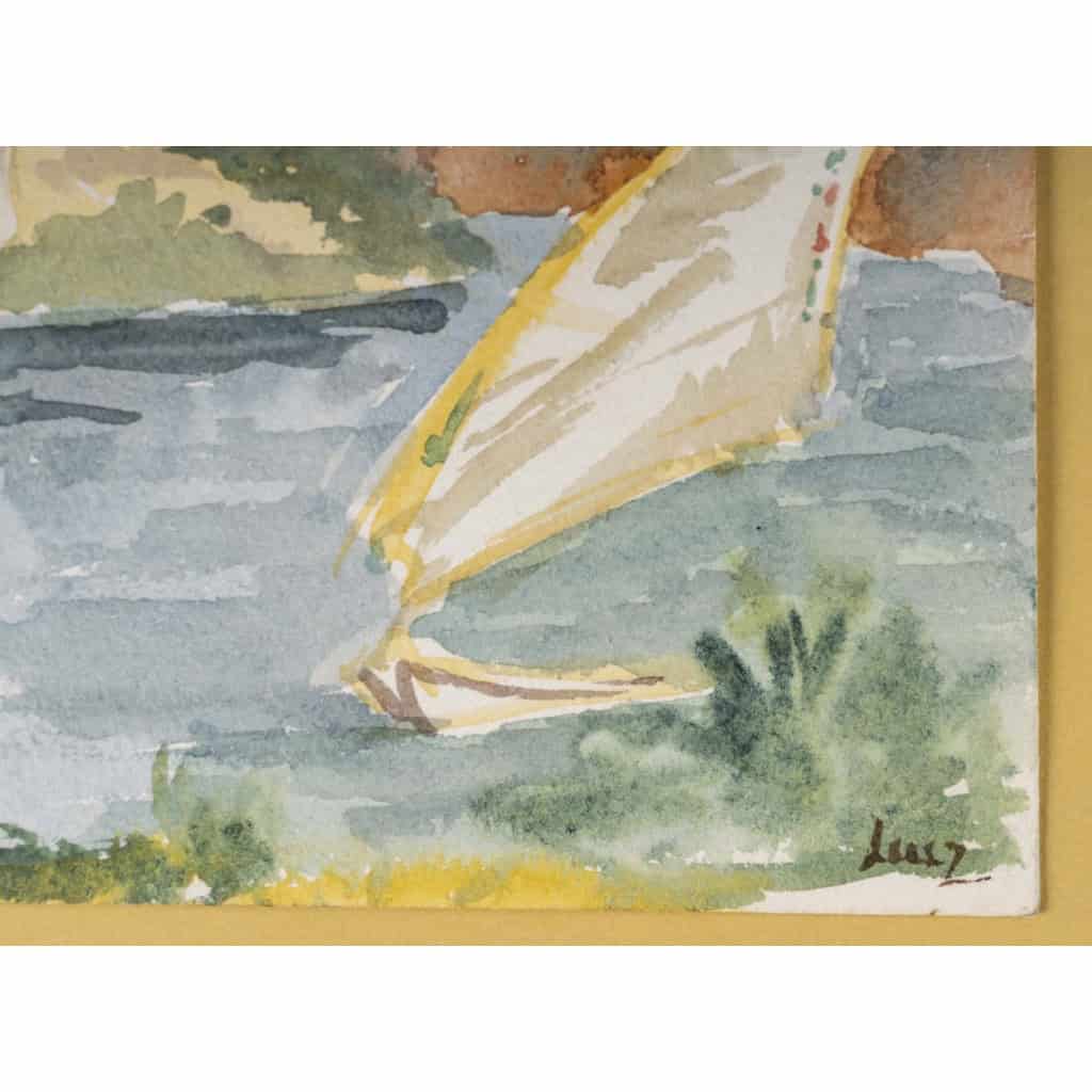 Dessin à l’aquarelle sur papier de Evelyne Luez représentant une paysage d’Egypte avec des voiliers, 1960-80. | Biron Dessin à l’aquarelle sur papier de Evelyne Luez représentant une paysage d’Egypte avec des voiliers, 1960-80.