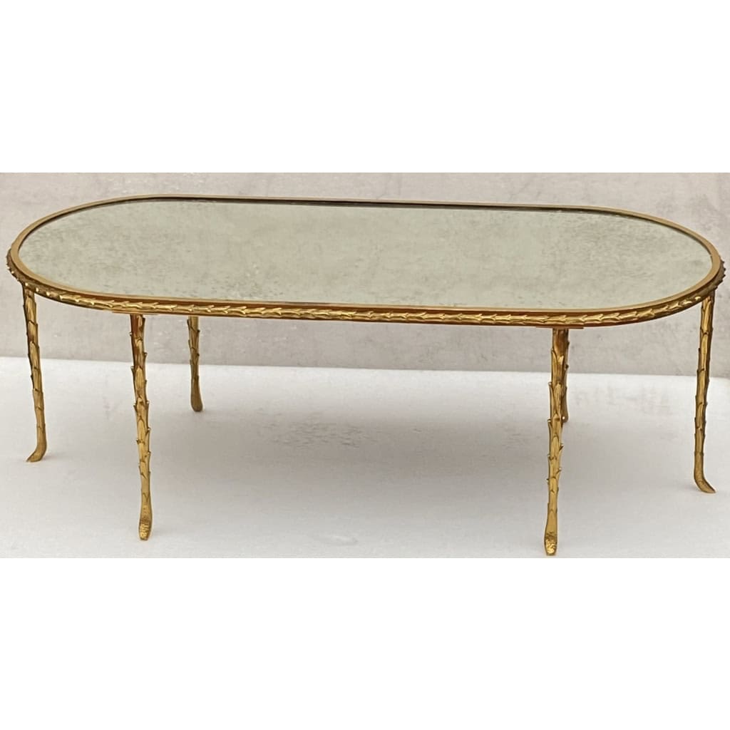 1970′ Table Basse Maison Charles Forme Ovale, Jansen Ou Baguès Décor Palmier en Bronze Doré avec Plateaux Miroirs Vieillis | Biron ||||||||||
