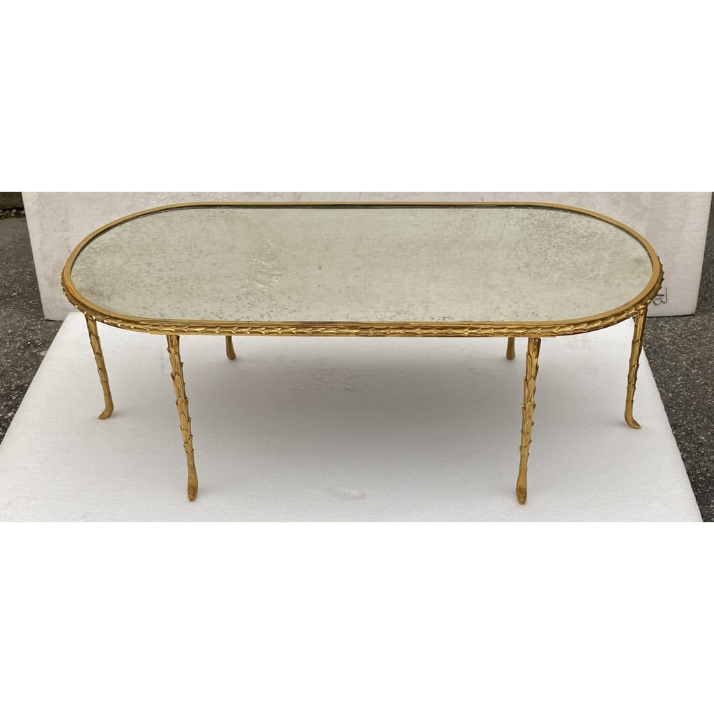 1970′ Table Basse Maison Charles Forme Ovale, Jansen Ou Baguès Décor Palmier en Bronze Doré avec Plateaux Miroirs Vieillis | Biron 1970′ Table Basse Maison Charles Forme Ovale, Jansen Ou Baguès Décor Palmier en Bronze Doré avec Plateaux Miroirs Vieillis