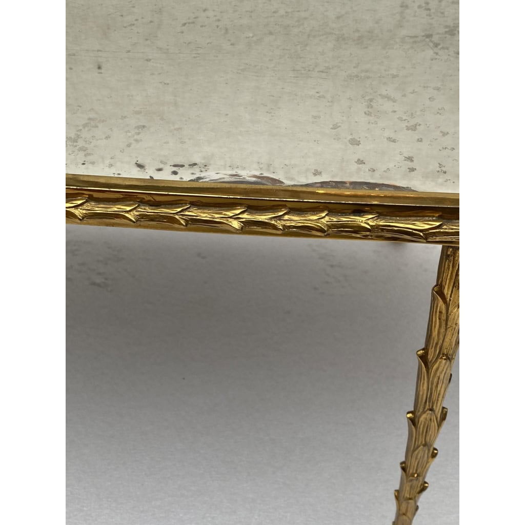 1970′ Table Basse Maison Charles Forme Ovale, Jansen Ou Baguès Décor Palmier en Bronze Doré avec Plateaux Miroirs Vieillis | Biron 1970′ Table Basse Maison Charles Forme Ovale, Jansen Ou Baguès Décor Palmier en Bronze Doré avec Plateaux Miroirs Vieillis