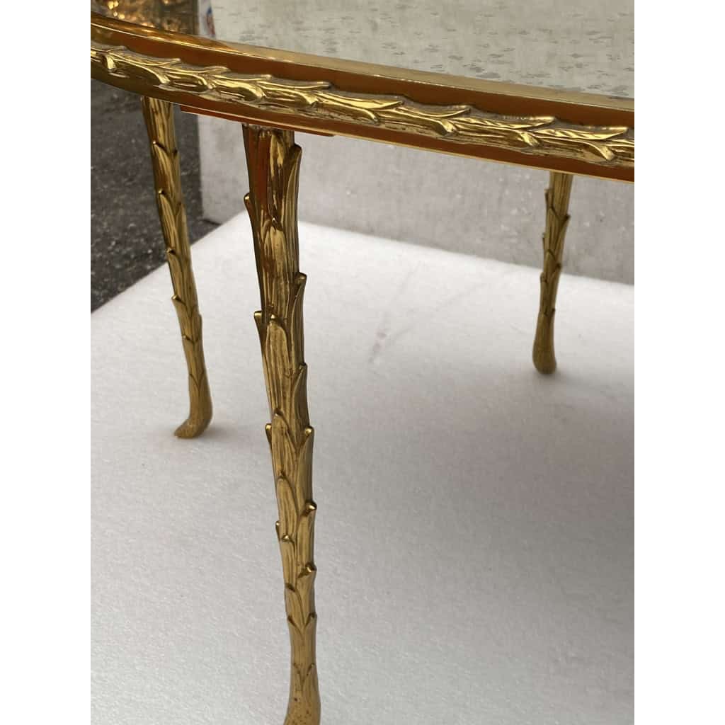 1970′ Table Basse Maison Charles Forme Ovale, Jansen Ou Baguès Décor Palmier en Bronze Doré avec Plateaux Miroirs Vieillis | Biron 1970′ Table Basse Maison Charles Forme Ovale, Jansen Ou Baguès Décor Palmier en Bronze Doré avec Plateaux Miroirs Vieillis