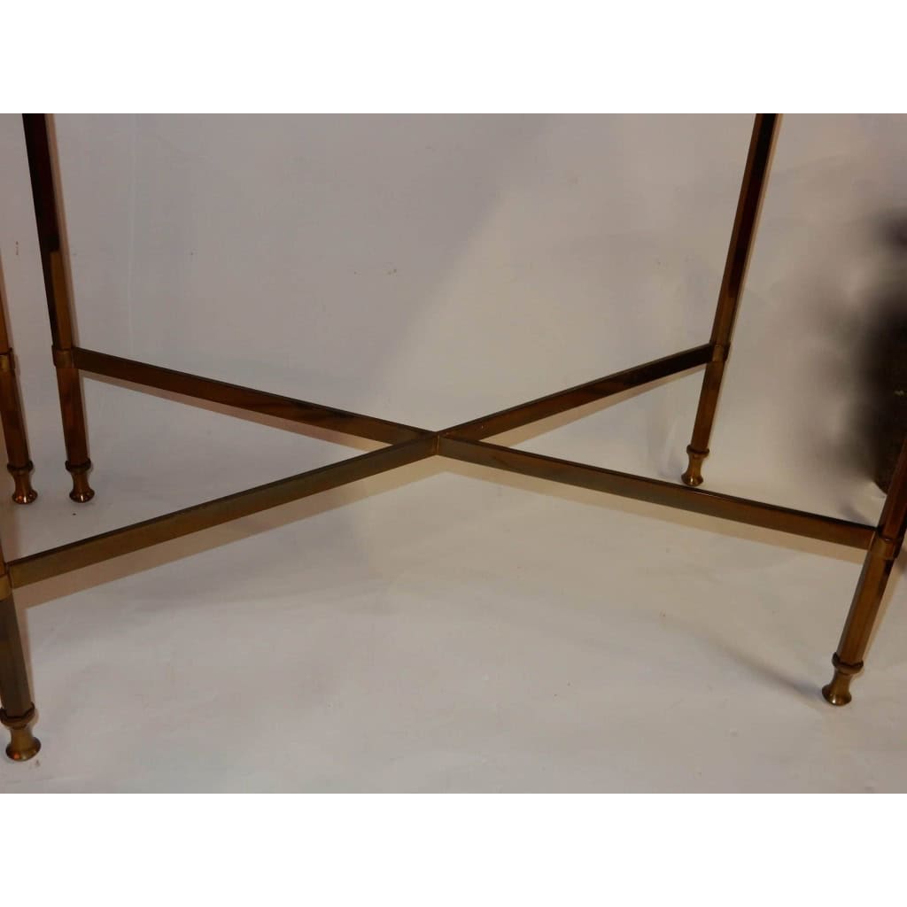 1950/70′ Paire de Bouts de Canapés Bronze, Plateaux Miroirs Oxydés Avec Galeries Style Maison Ramsay Avec Entretoise 5