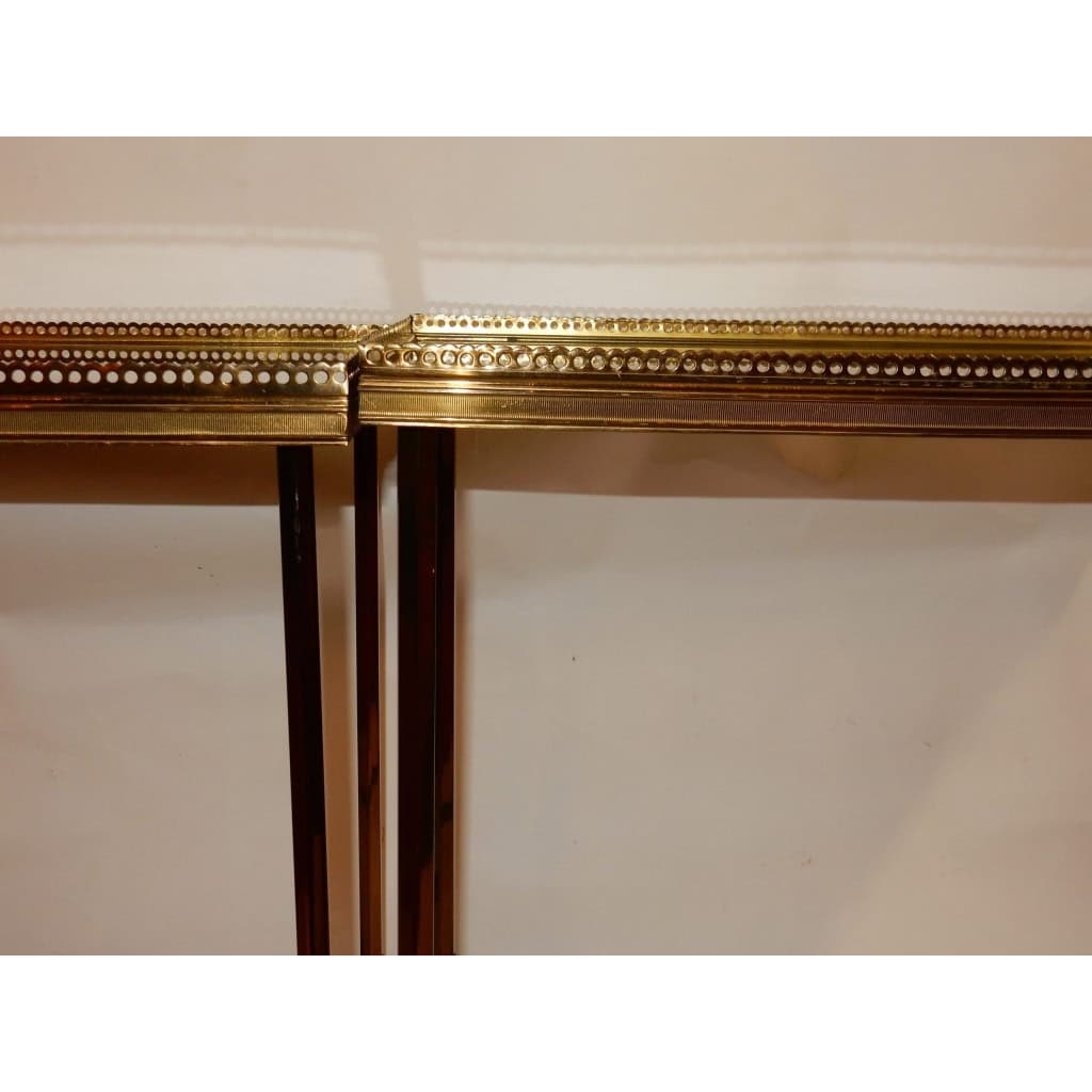 1950/70′ Paire de Bouts de Canapés Bronze, Plateaux Miroirs Oxydés Avec Galeries Style Maison Ramsay Avec Entretoise 6