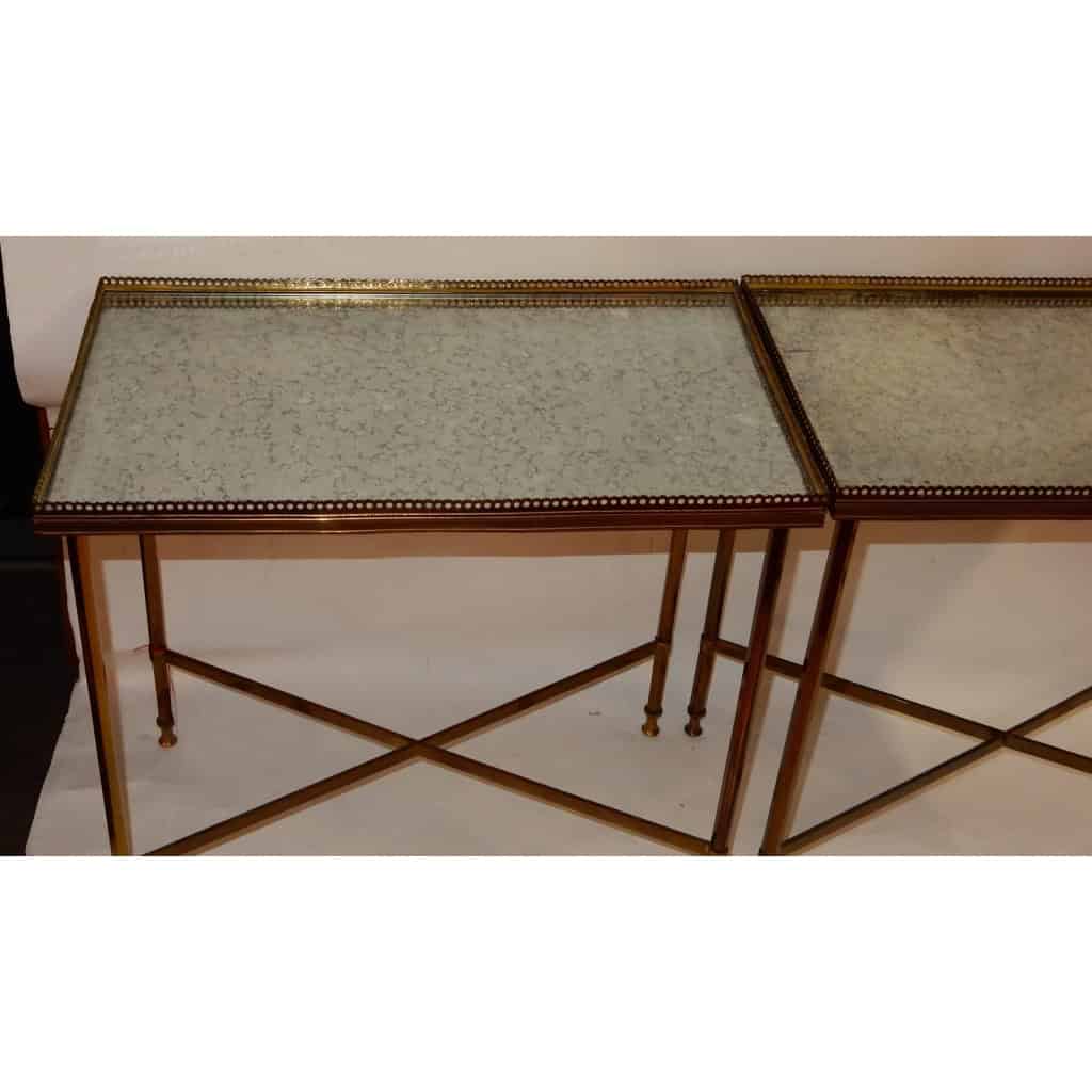 1950/70′ Paire de Bouts de Canapés Bronze, Plateaux Miroirs Oxydés Avec Galeries Style Maison Ramsay Avec Entretoise 7