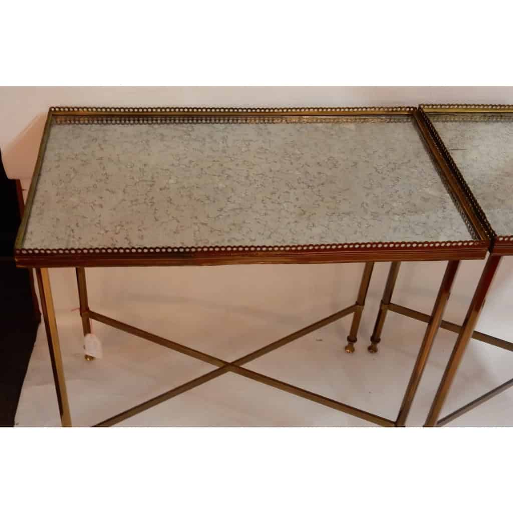 1950/70′ Paire de Bouts de Canapés Bronze, Plateaux Miroirs Oxydés Avec Galeries Style Maison Ramsay Avec Entretoise 8