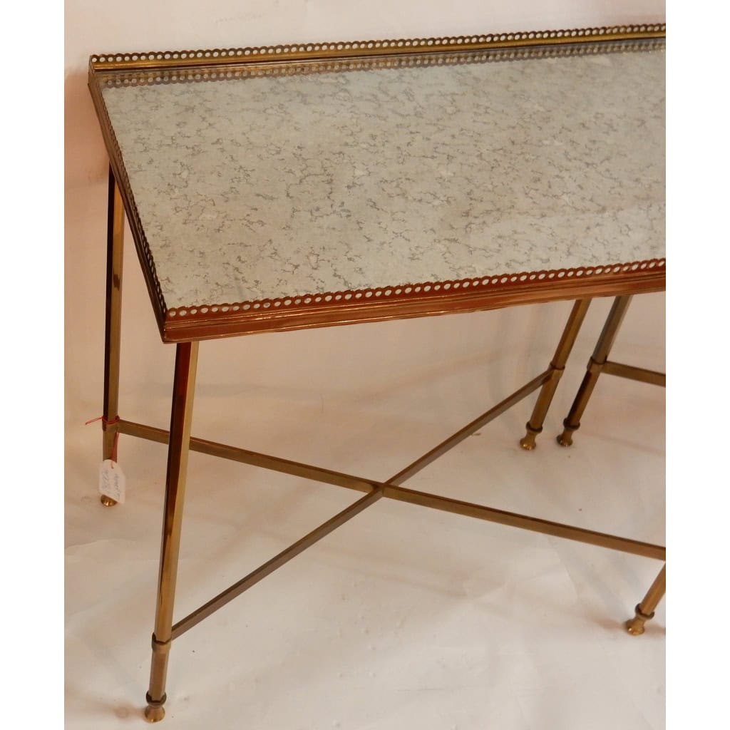 1950/70′ Paire de Bouts de Canapés Bronze, Plateaux Miroirs Oxydés Avec Galeries Style Maison Ramsay Avec Entretoise 9