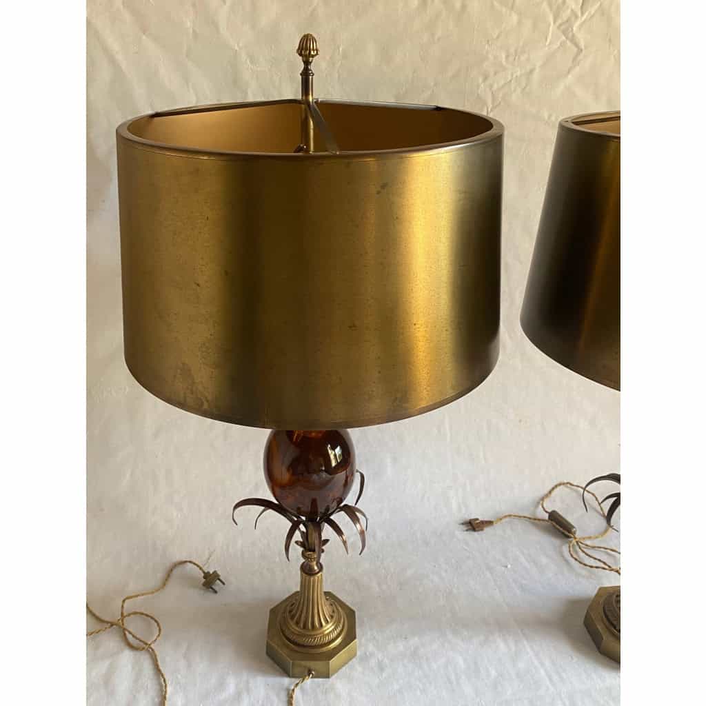 1950/70 Paire de Lampes en Bronze et Oeuf en Resine Fractable Signée Charles