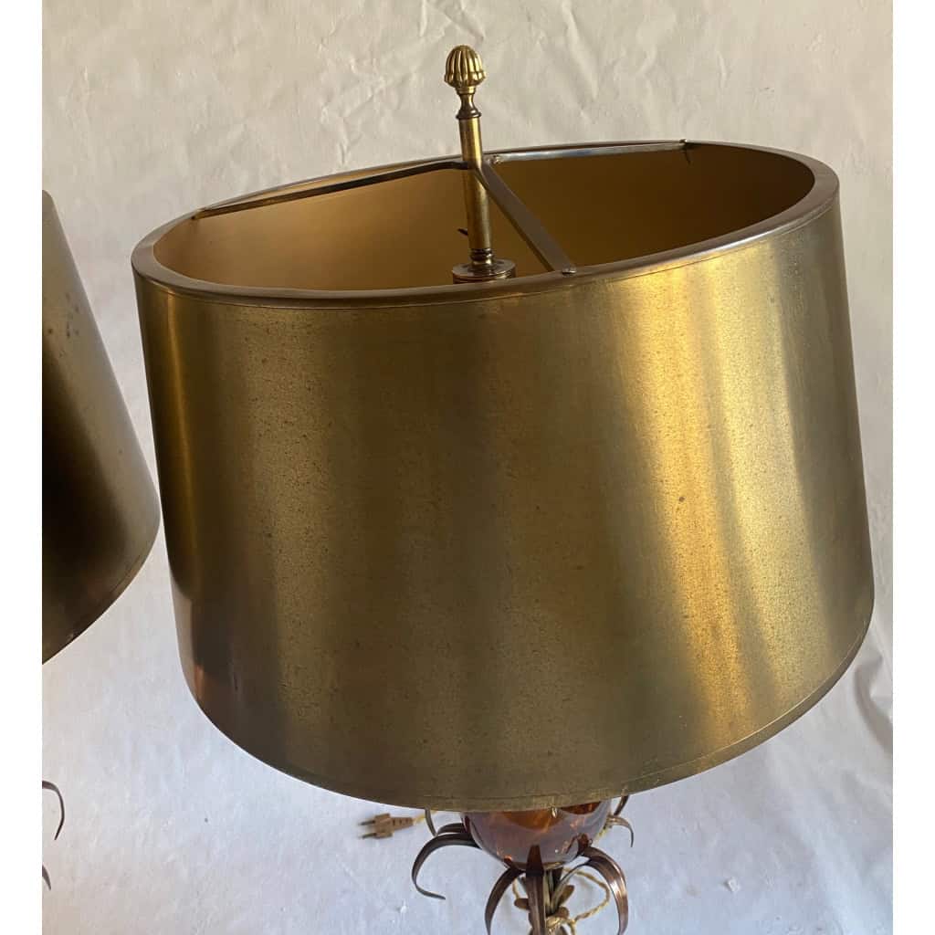 1950/70 Paire de Lampes en Bronze et Oeuf en Resine Fractable Signée Charles