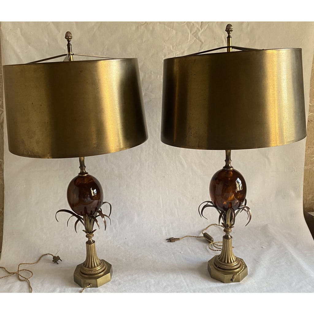 1950/70 Paire de Lampes en Bronze et Oeuf en Resine Fractable Signée Charles