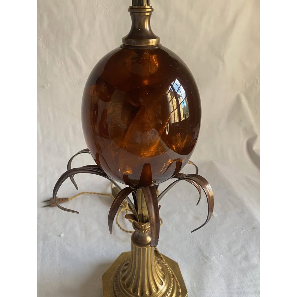 1950/70 Paire de Lampes en Bronze et Oeuf en Resine Fractable Signée Charles