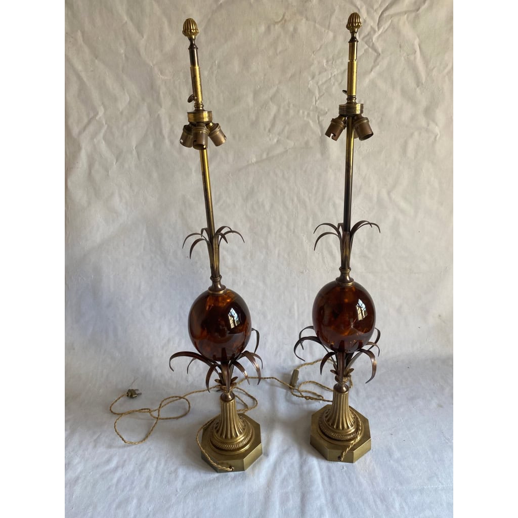 1950/70 Paire de Lampes en Bronze et Oeuf en Resine Fractable Signée Charles