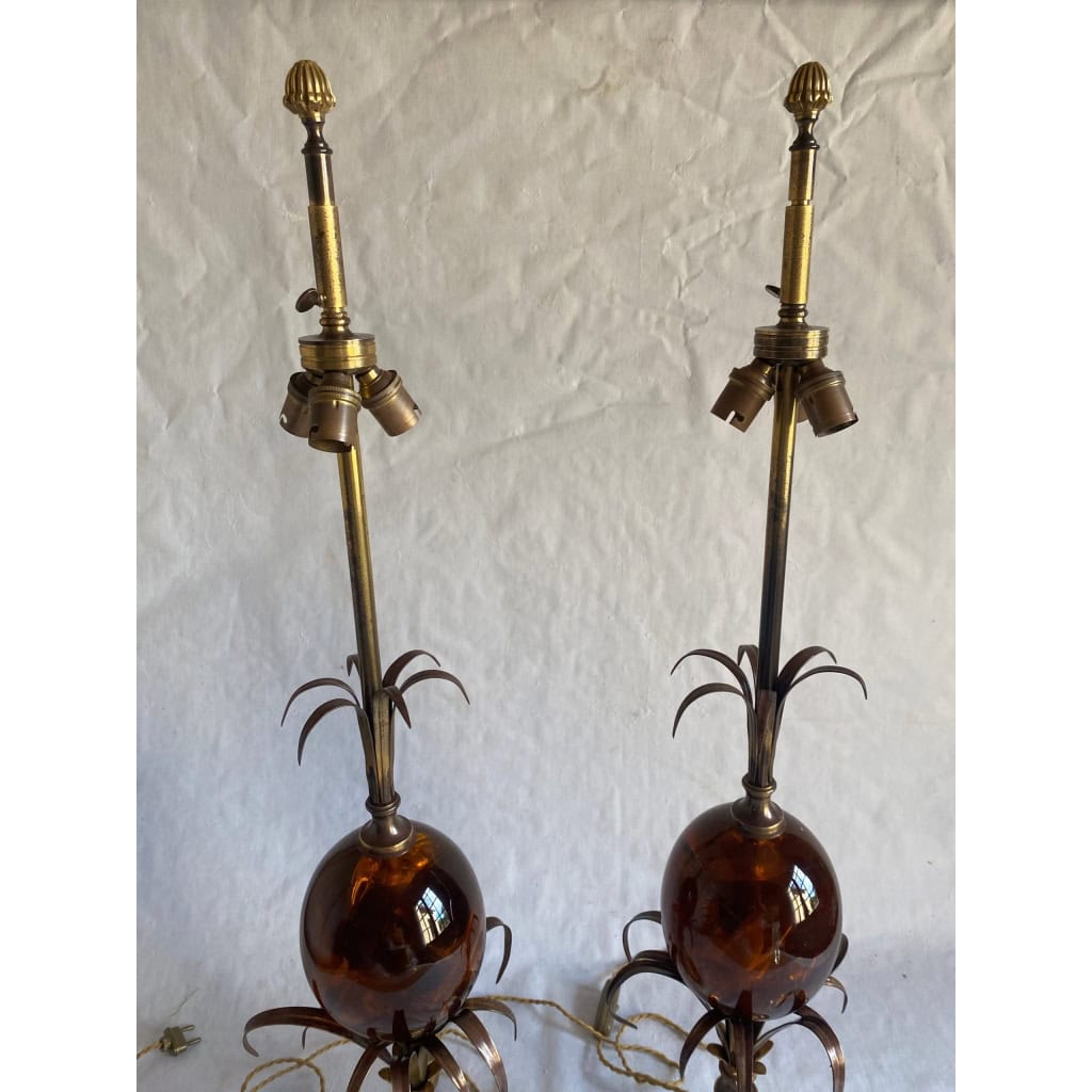1950/70 Paire de Lampes en Bronze et Oeuf en Resine Fractable Signée Charles