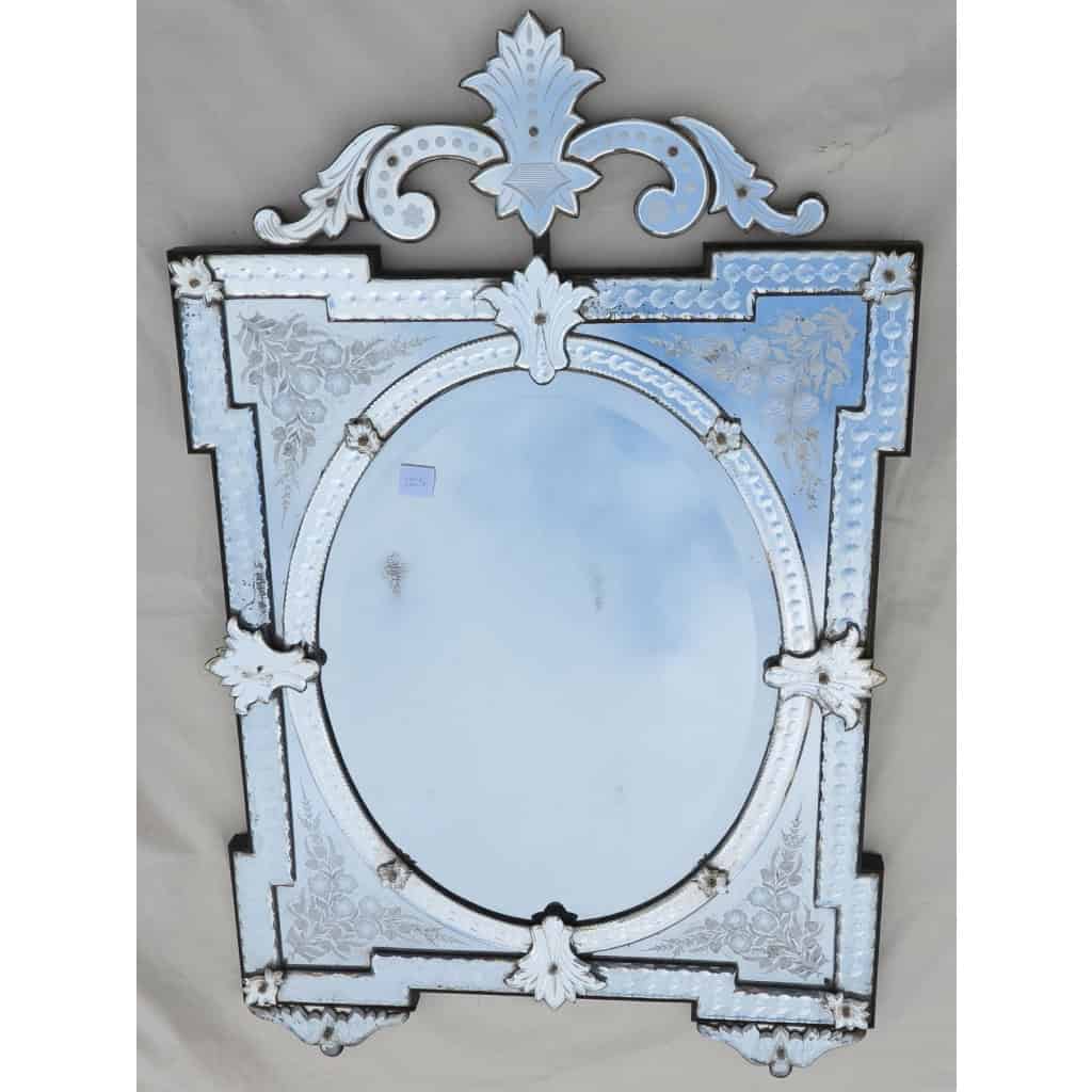 Miroir Venise aux Angles en Débord à Fronton Tain Mercure avec Fleurs Gravées et Supports de Pose 2