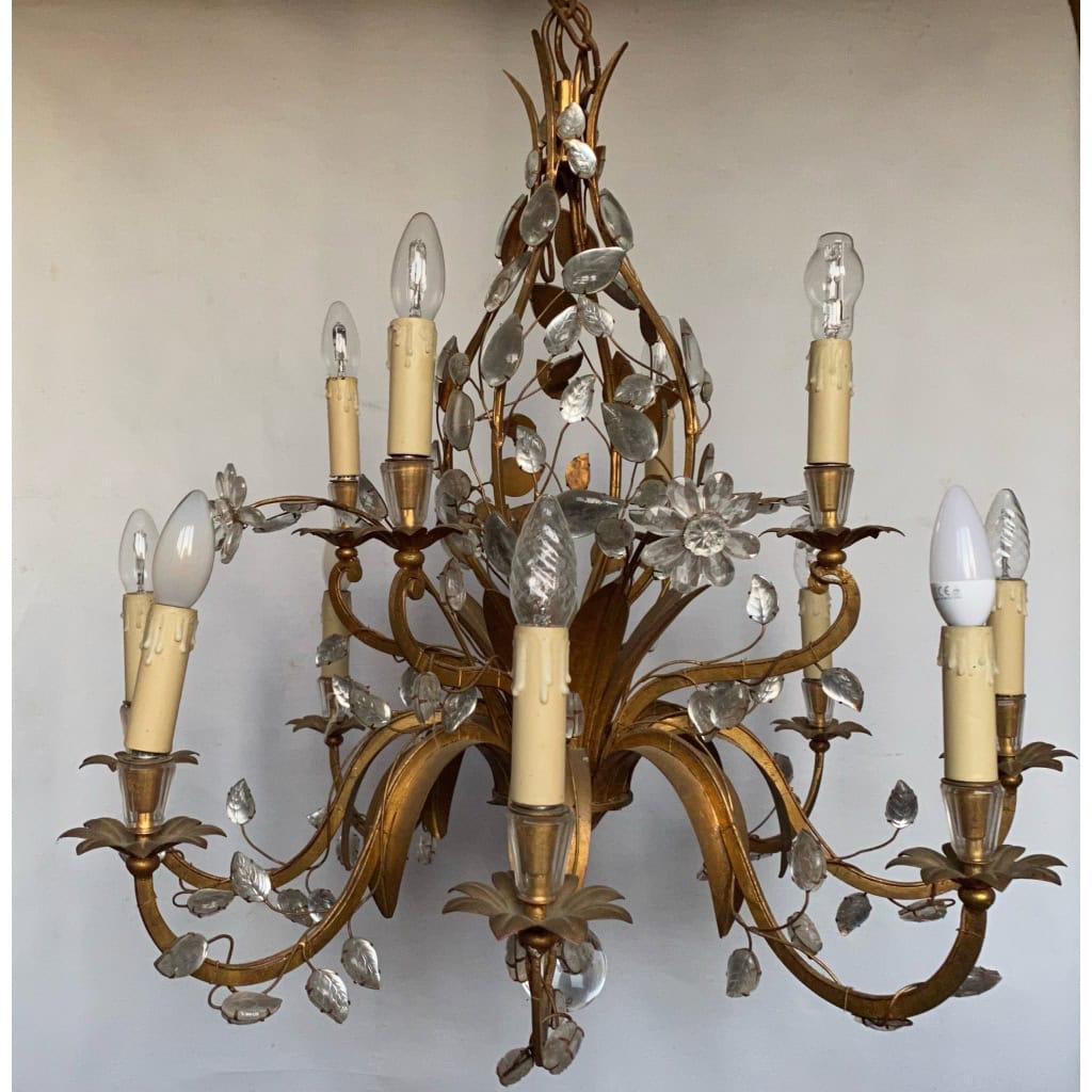 1950/70 Lustre Maison Baguès Feuillage Et Fleurs 12 Lumiéres