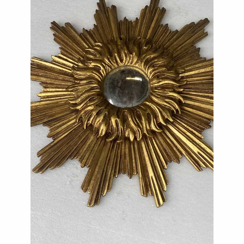 1950′ Miroir Soleil 2 Evolutions Bois Doré 75 Cm De Diamètre