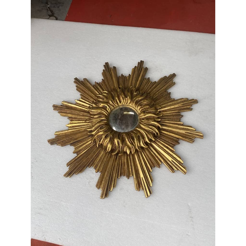 1950′ Miroir Soleil 2 Evolutions Bois Doré 75 Cm De Diamètre
