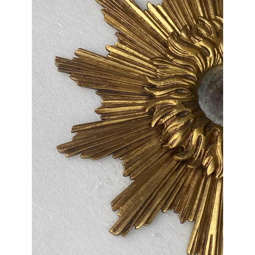 1950′ Miroir Soleil 2 Evolutions Bois Doré 75 Cm De Diamètre