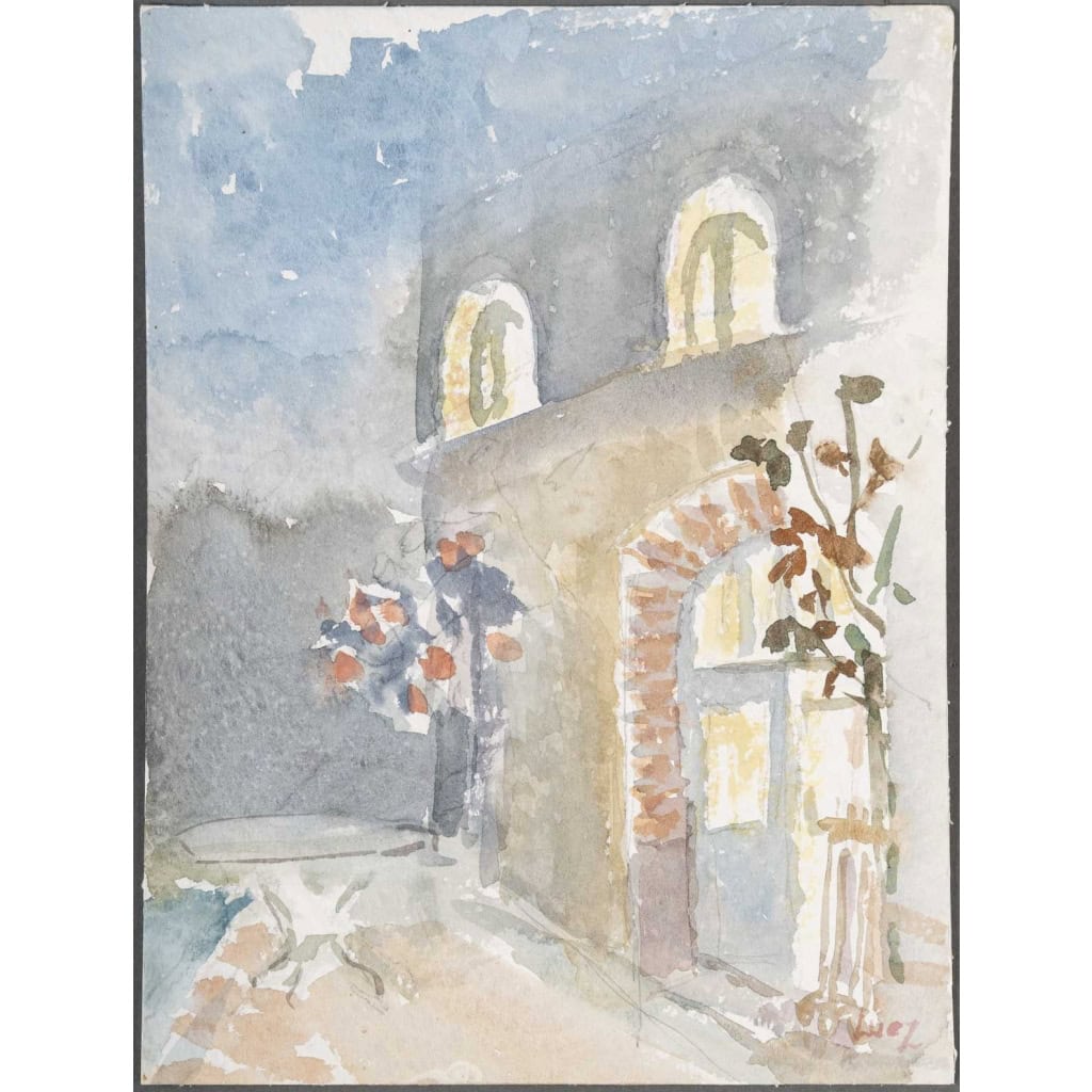 Dessin à l’aquarelle sur papier de Evelyne Luez représentant une maison et sa terrasse, 1980. | Biron ||||||||