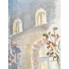 Dessin à l’aquarelle sur papier de Evelyne Luez représentant une maison et sa terrasse, 1980. | Biron Dessin à l’aquarelle sur papier de Evelyne Luez représentant une maison et sa terrasse, 1980.