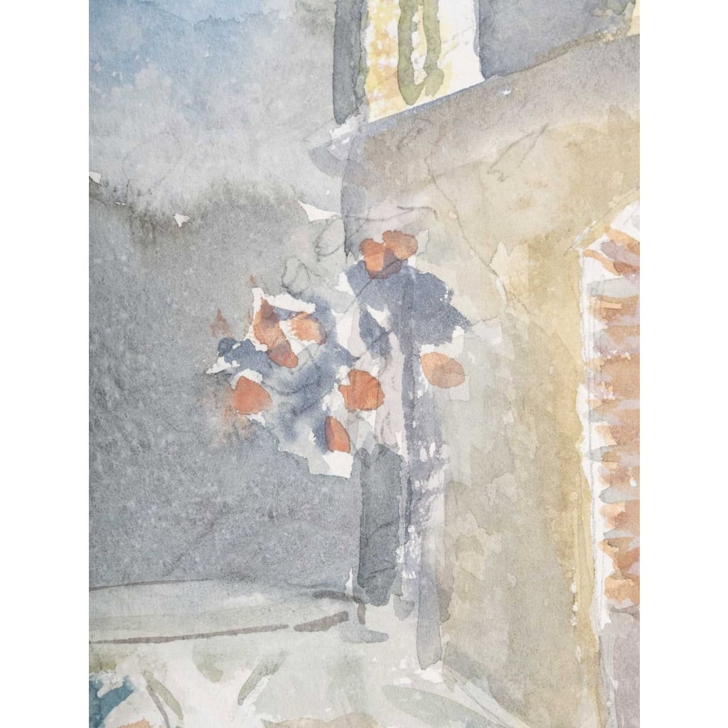 Dessin à l’aquarelle sur papier de Evelyne Luez représentant une maison et sa terrasse, 1980. | Biron Dessin à l’aquarelle sur papier de Evelyne Luez représentant une maison et sa terrasse, 1980.
