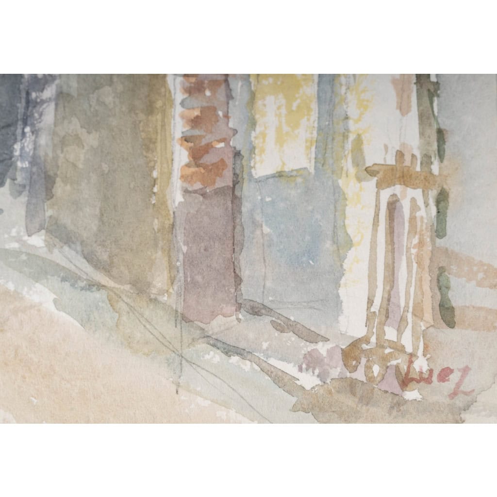 Dessin à l’aquarelle sur papier de Evelyne Luez représentant une maison et sa terrasse, 1980. | Biron Dessin à l’aquarelle sur papier de Evelyne Luez représentant une maison et sa terrasse, 1980.