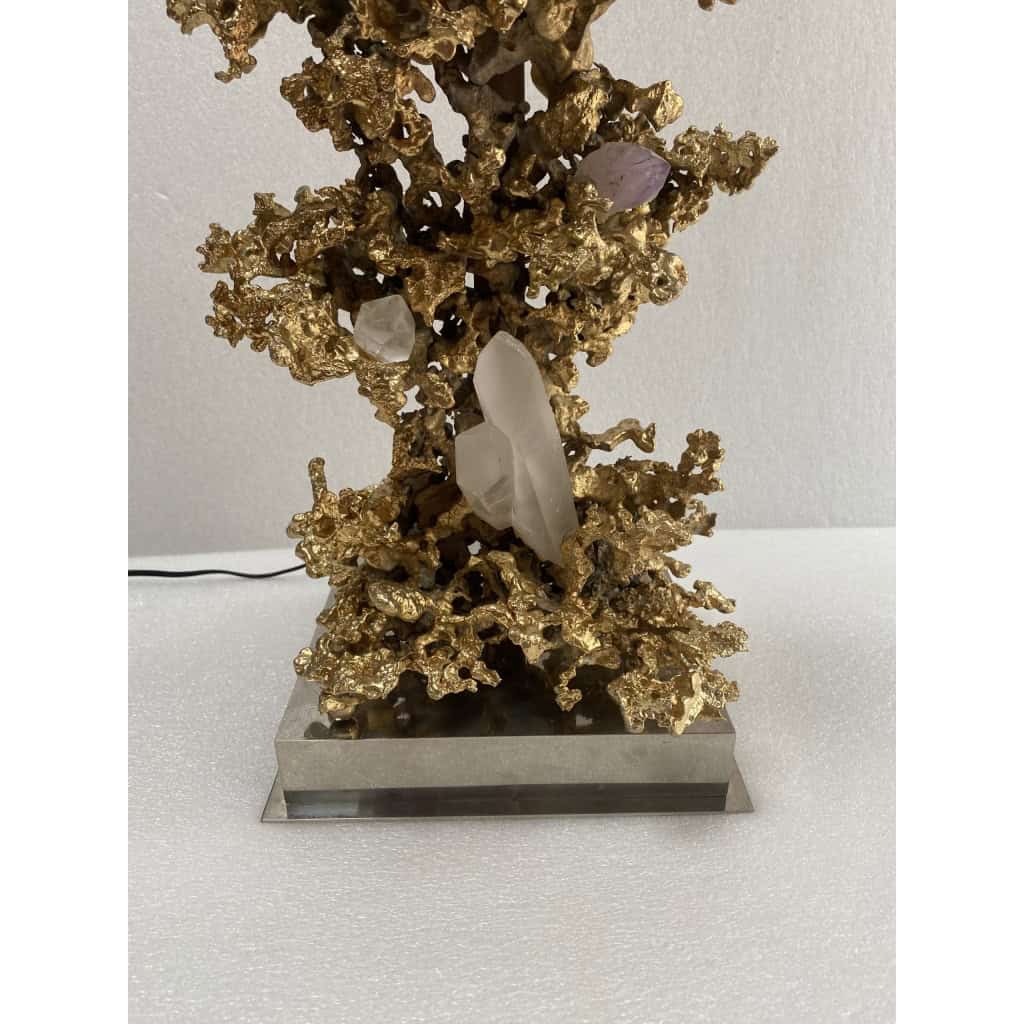 1970′ Lampe Décor Corail en Bronze Doré et Amethyste Et Cristal De Roche Signée Boeltz