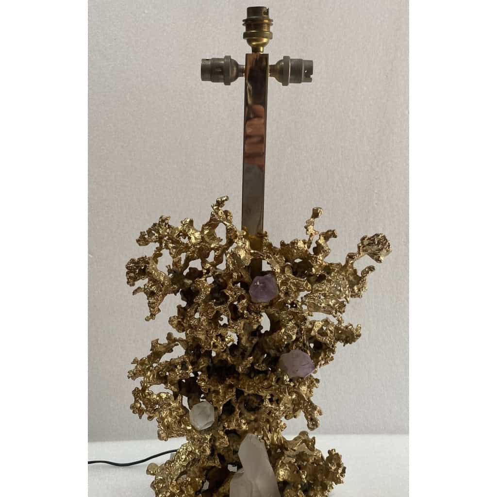 1970′ Lampe Décor Corail en Bronze Doré et Amethyste Et Cristal De Roche Signée Boeltz