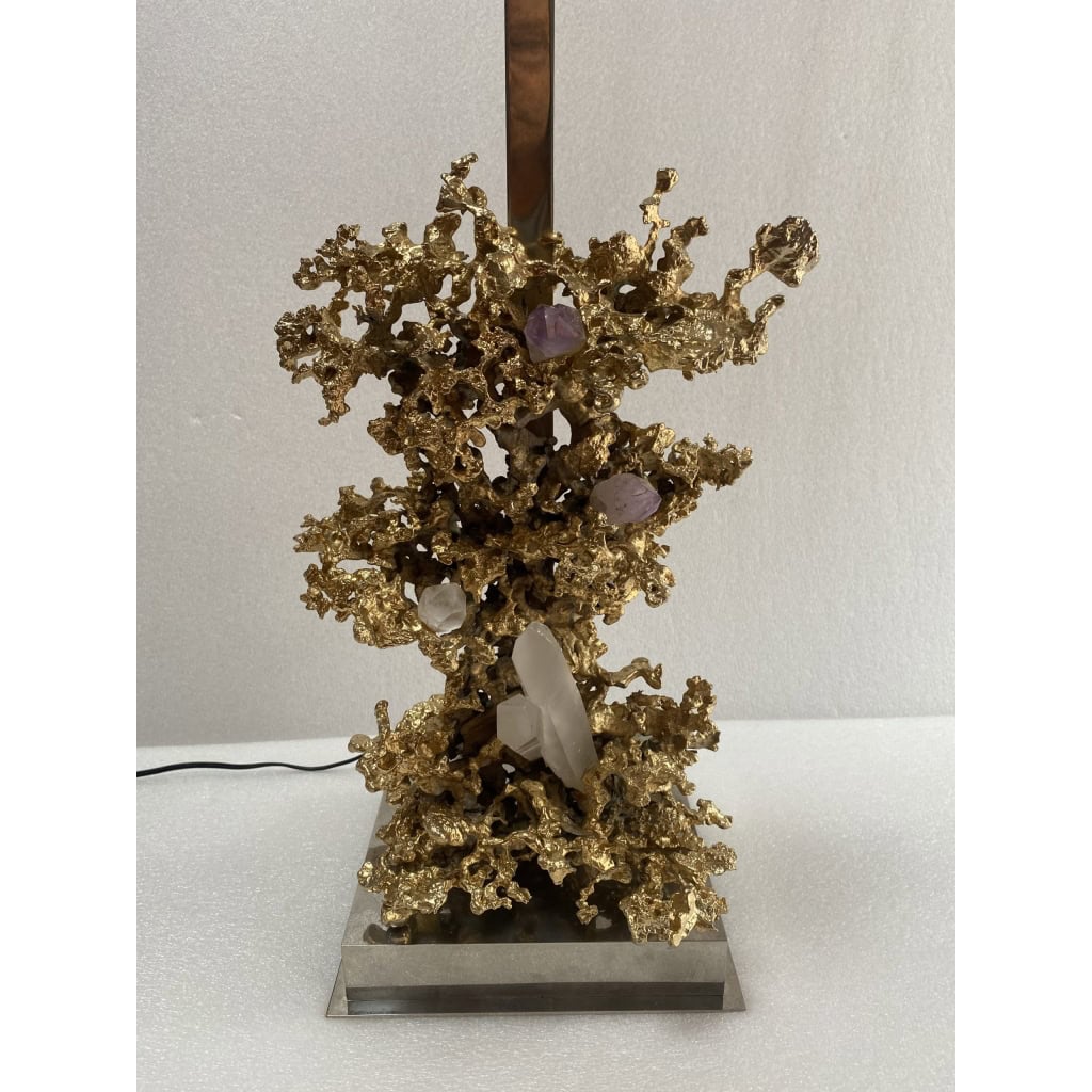 1970′ Lampe Décor Corail en Bronze Doré et Amethyste Et Cristal De Roche Signée Boeltz