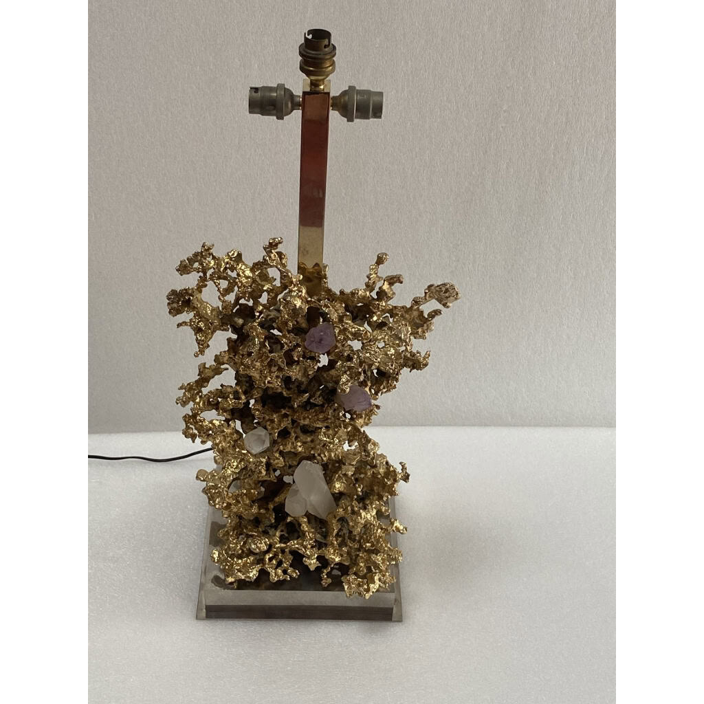1970′ Lampe Décor Corail en Bronze Doré et Amethyste Et Cristal De Roche Signée Boeltz