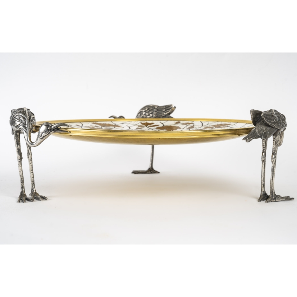 Alphonse Giroux Et Duvinage, Grande Coupe Japonisante Aux hérons En Marqueterie Et Cloisonné | Biron |||||||||