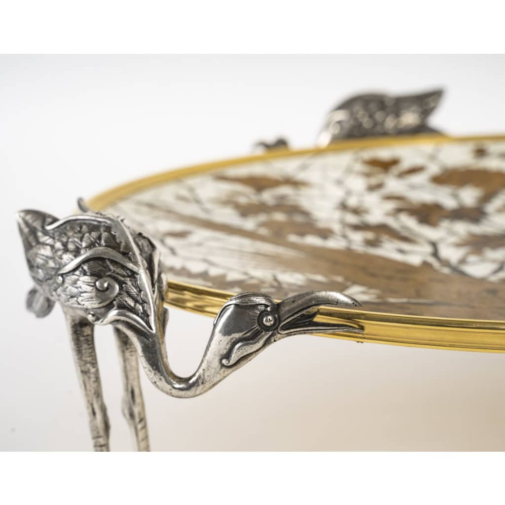 Alphonse Giroux Et Duvinage, Grande Coupe Japonisante Aux hérons En Marqueterie Et Cloisonné | Biron Alphonse Giroux Et Duvinage, Grande Coupe Japonisante Aux hérons En Marqueterie Et Cloisonné