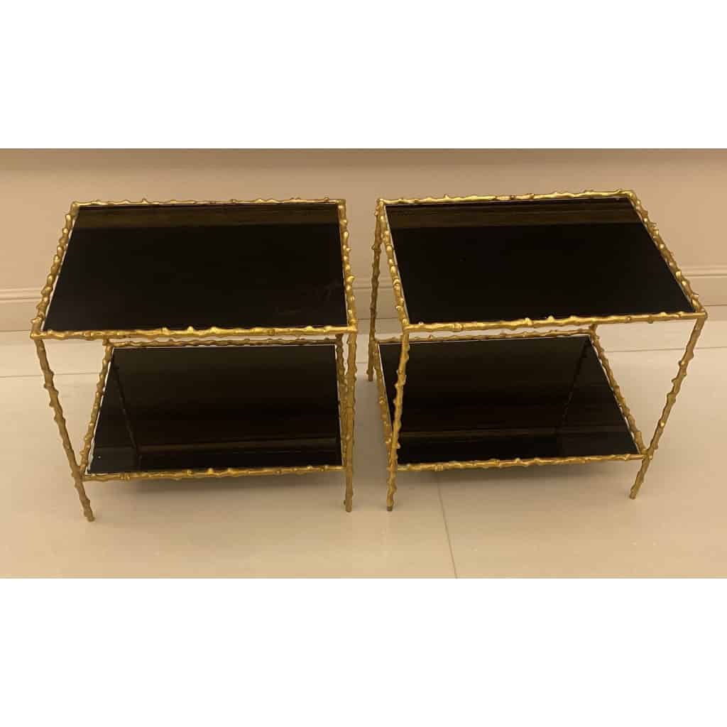 1970′ Paire de Bouts de Canapé En Bronze Doré Decor Végétal Maison Jansen Plateaux Verres Noircis | Biron |||||||||||||||||