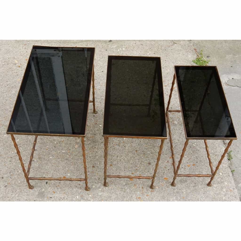 1950/70′ Série de 3 Tables Gigognes Modèle Bambou avec Pieds Griffes Maison Baguès