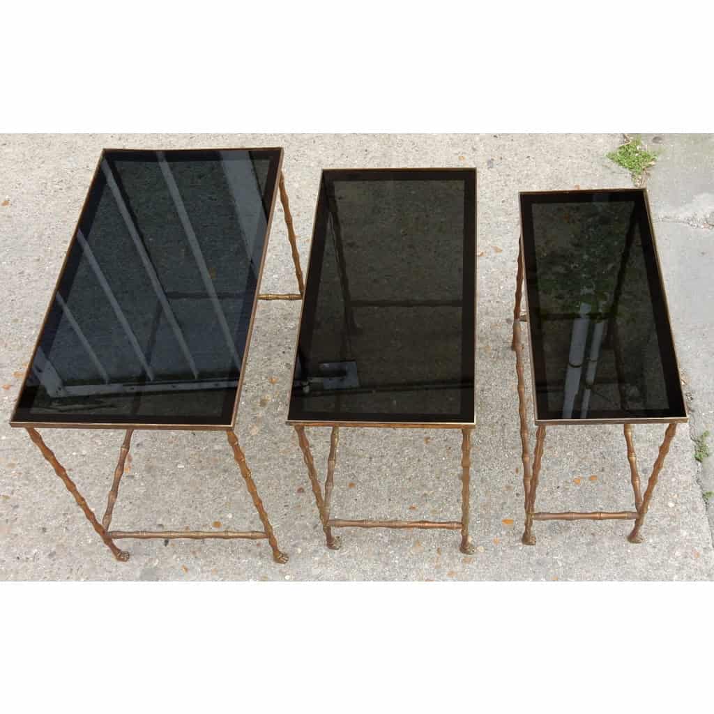 1950/70′ Série de 3 Tables Gigognes Modèle Bambou avec Pieds Griffes Maison Baguès