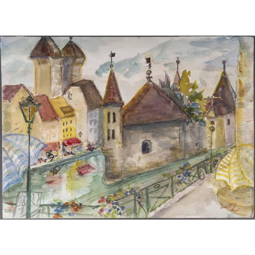 Dessin à l’aquarelle sur papier de Evelyne Luez représentant un village et ses canaux, 1980-90. | Biron ||||||