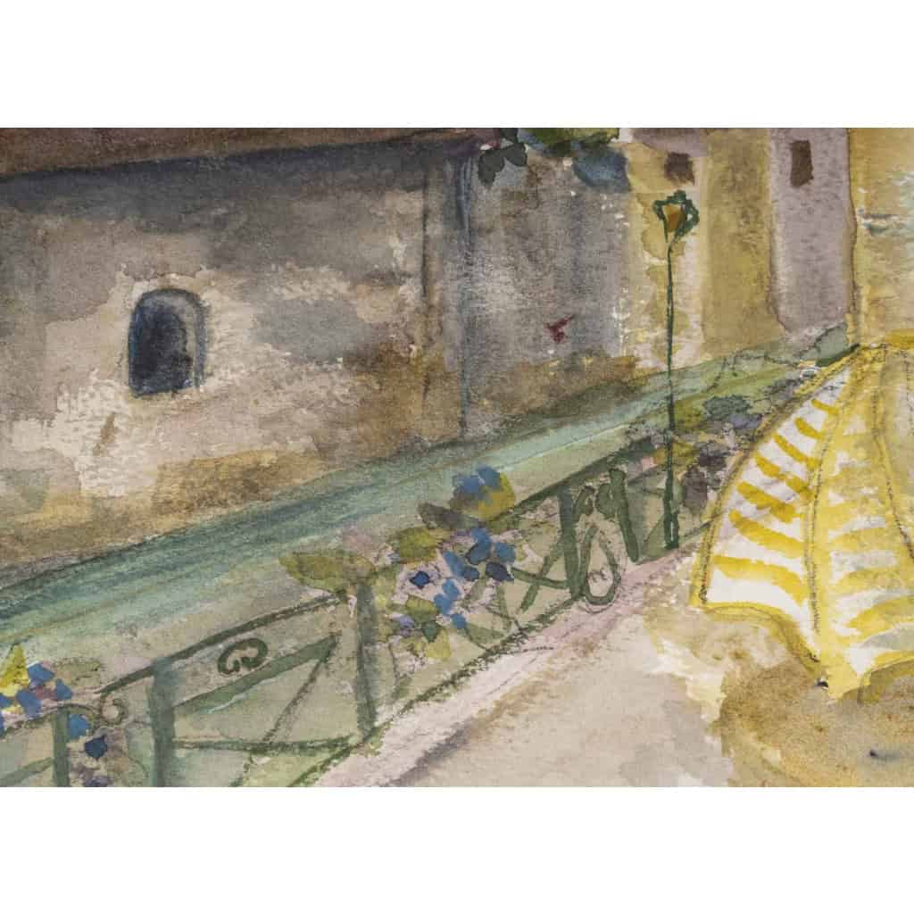 Dessin à l’aquarelle sur papier de Evelyne Luez représentant un village et ses canaux, 1980-90. | Biron Dessin à l’aquarelle sur papier de Evelyne Luez représentant un village et ses canaux, 1980-90.
