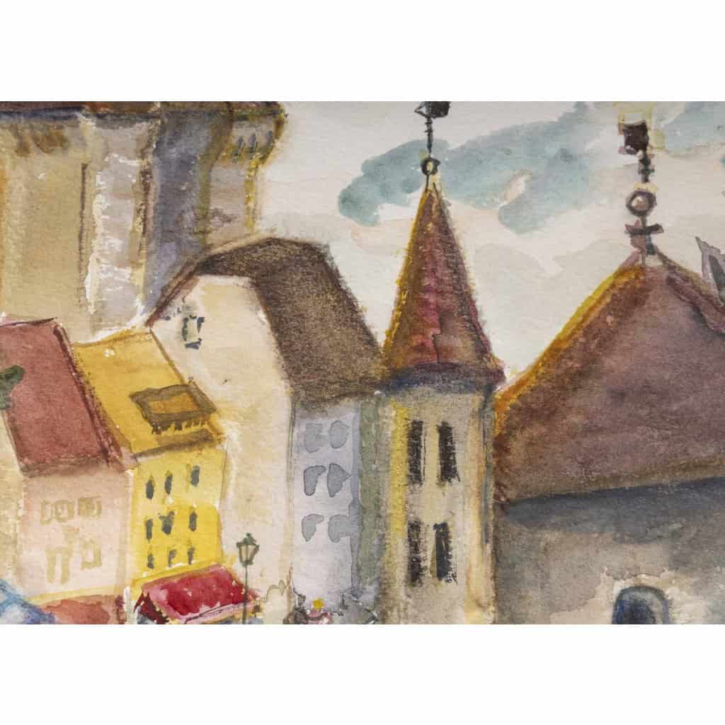Dessin à l’aquarelle sur papier de Evelyne Luez représentant un village et ses canaux, 1980-90. | Biron Dessin à l’aquarelle sur papier de Evelyne Luez représentant un village et ses canaux, 1980-90.