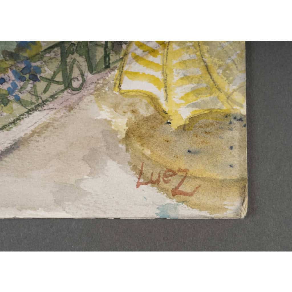 Dessin à l’aquarelle sur papier de Evelyne Luez représentant un village et ses canaux, 1980-90. | Biron Dessin à l’aquarelle sur papier de Evelyne Luez représentant un village et ses canaux, 1980-90.