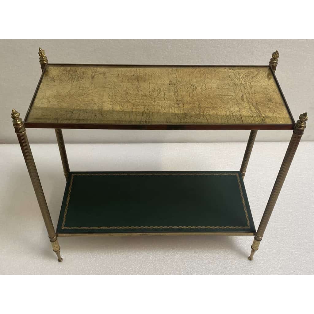1950/70′ Bout De Canapé Rectangulaire Maison Bagués Laiton et Bronze Plateaux Feuilles d or Fixées Sous Verre et Avec Flammes Olympiques | Biron |||||||