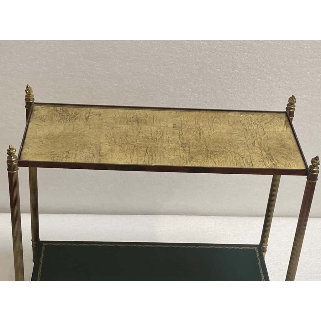 1950/70′ Bout De Canapé Rectangulaire Maison Bagués Laiton et Bronze Plateaux Feuilles d or Fixées Sous Verre et Avec Flammes Olympiques | Biron 1950/70′ Bout De Canapé Rectangulaire Maison Bagués Laiton et Bronze Plateaux Feuilles d or Fixées Sous Verre et Avec Flammes Olympiques