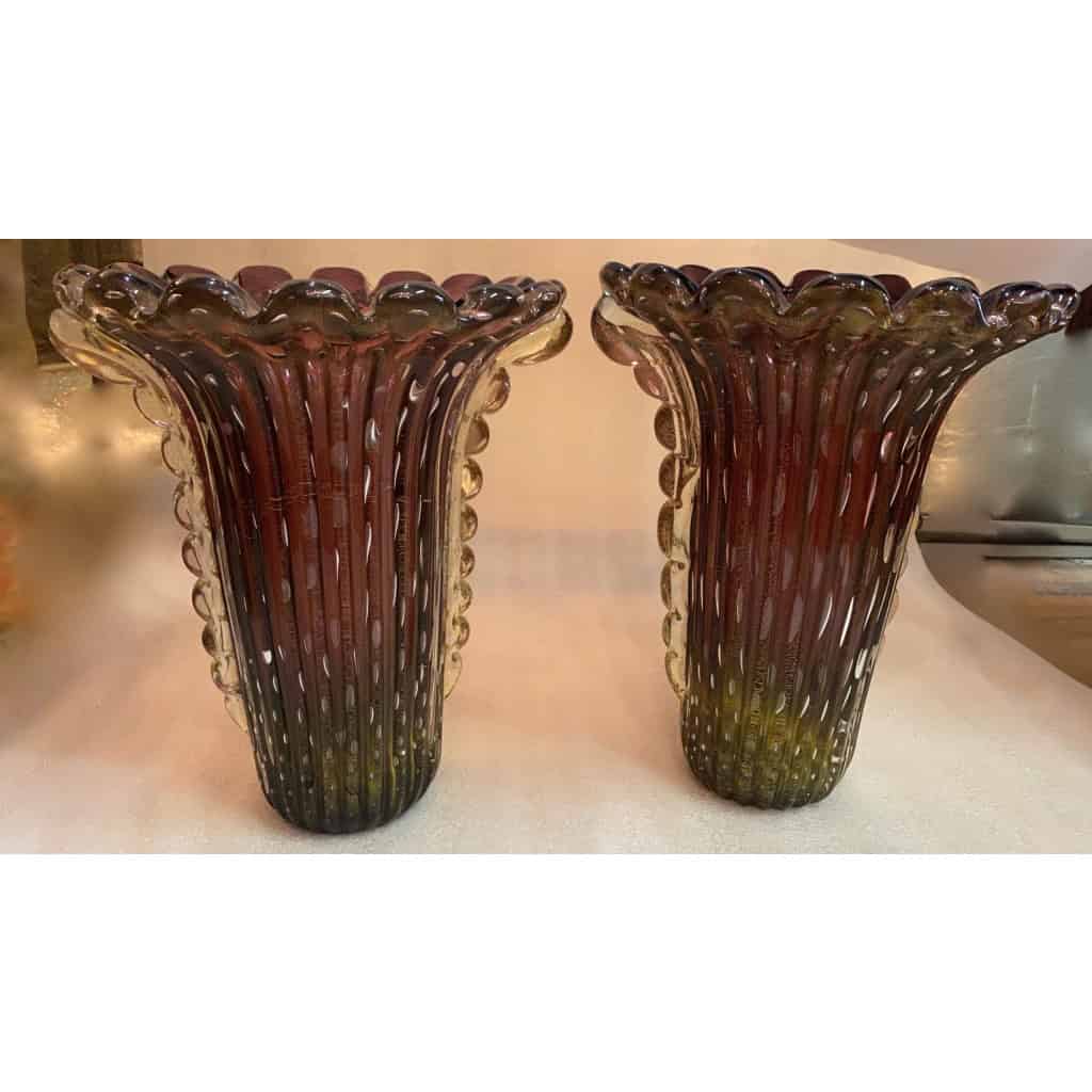 1970′ Paire de Vases Ou Similaires Cristal Murano Violine et Or Signés Toso