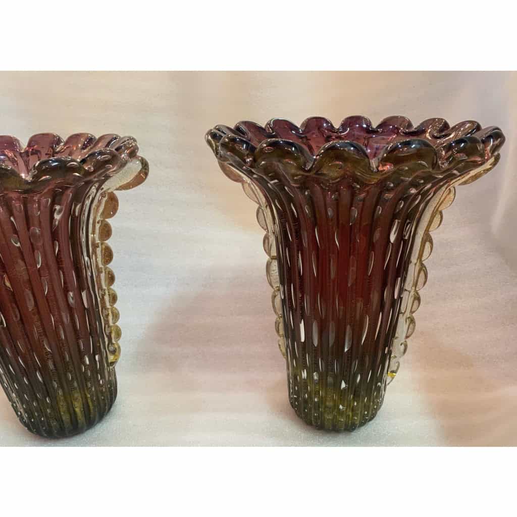 1970′ Paire de Vases Ou Similaires Cristal Murano Violine et Or Signés Toso