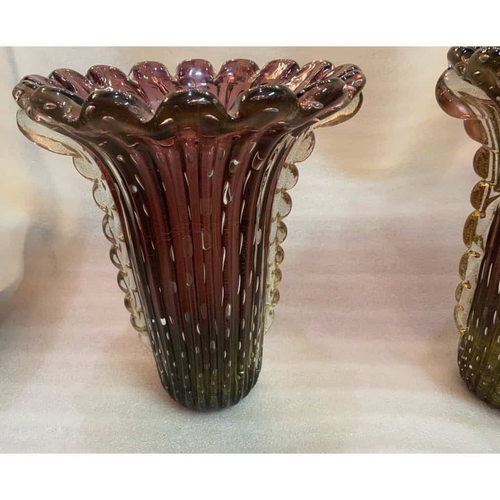 1970′ Paire de Vases Ou Similaires Cristal Murano Violine et Or Signés Toso