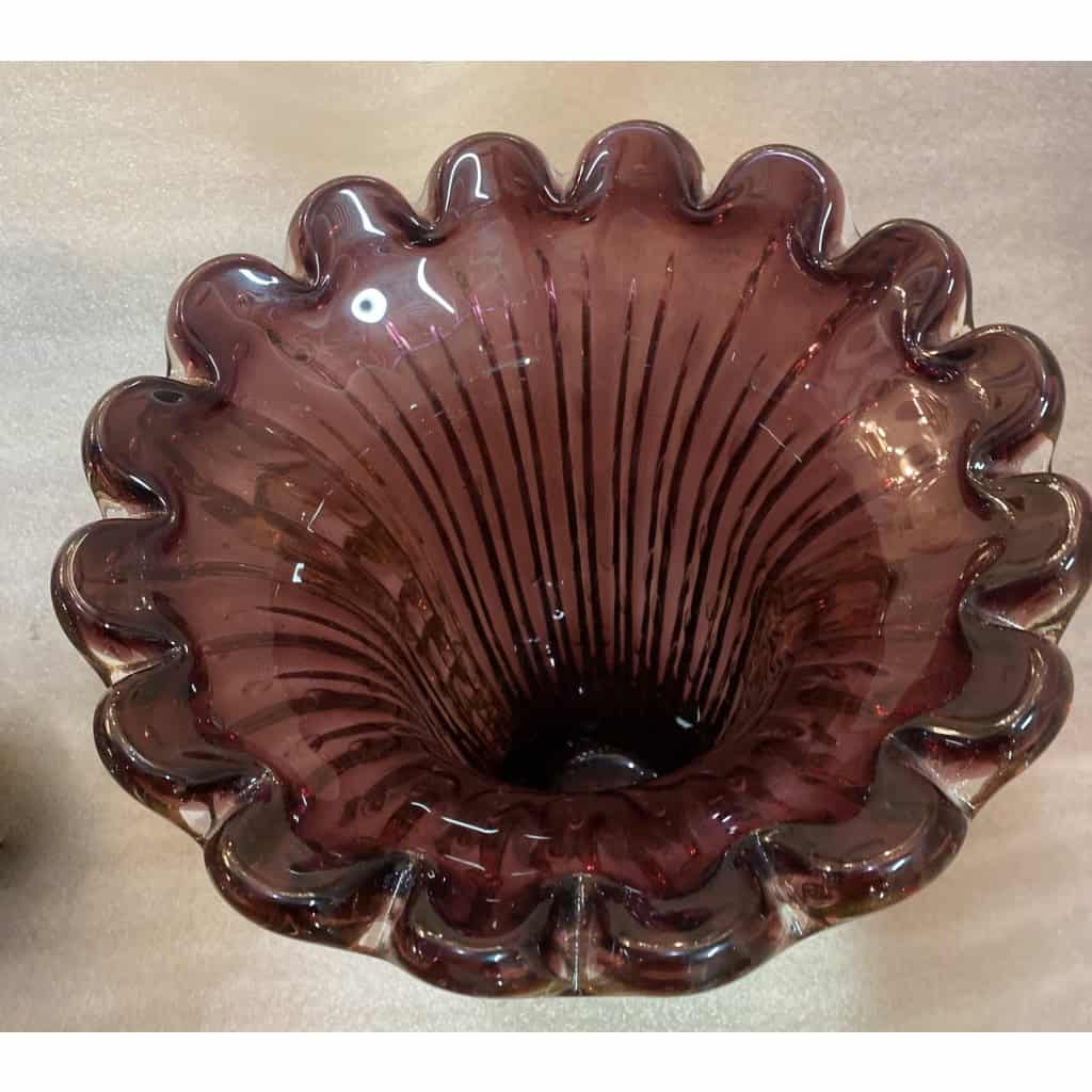 1970′ Paire de Vases Ou Similaires Cristal Murano Violine et Or Signés Toso