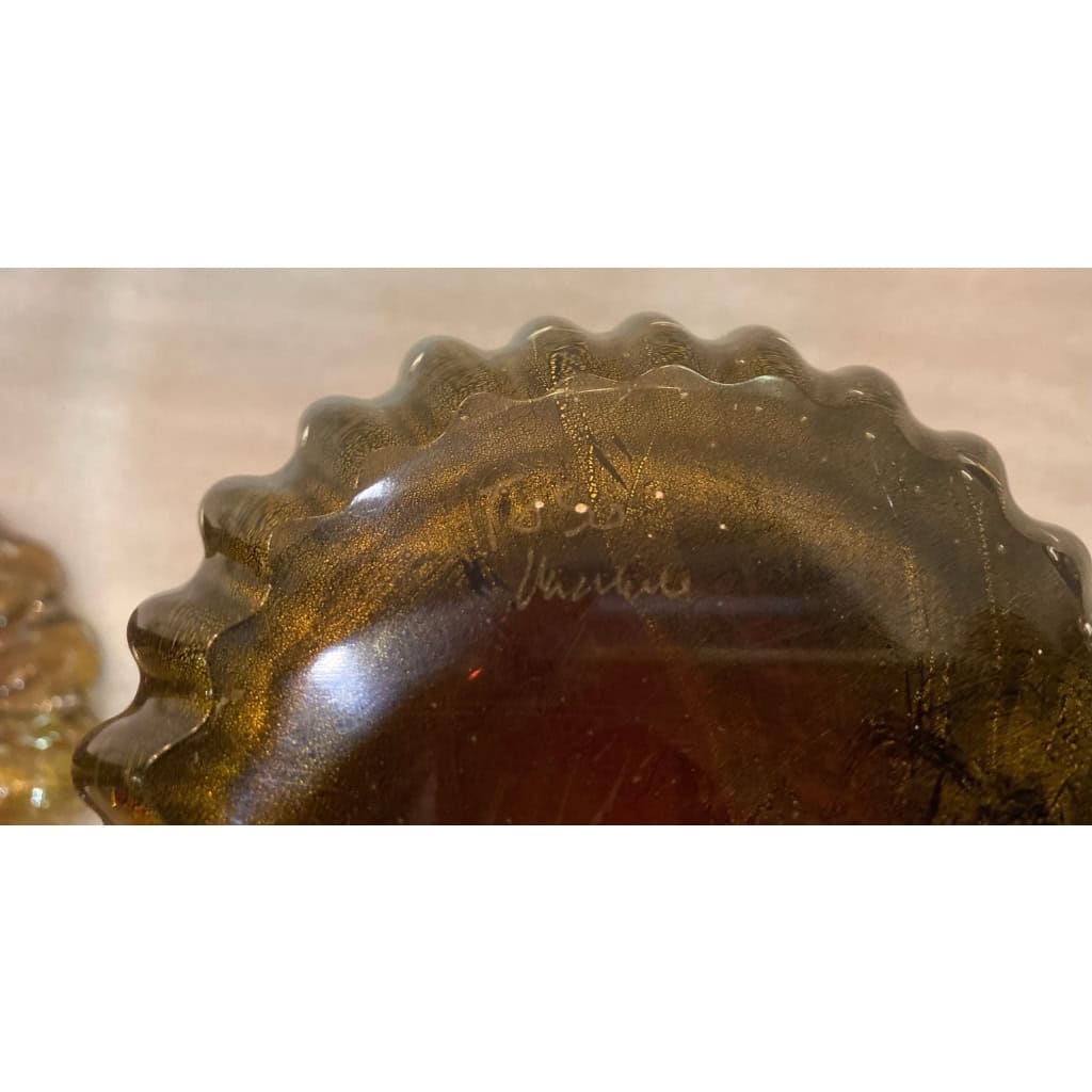 1970′ Paire de Vases Ou Similaires Cristal Murano Violine et Or Signés Toso