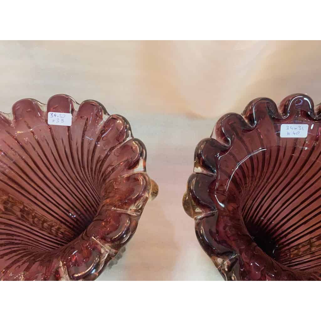 1970′ Paire de Vases Ou Similaires Cristal Murano Violine et Or Signés Toso